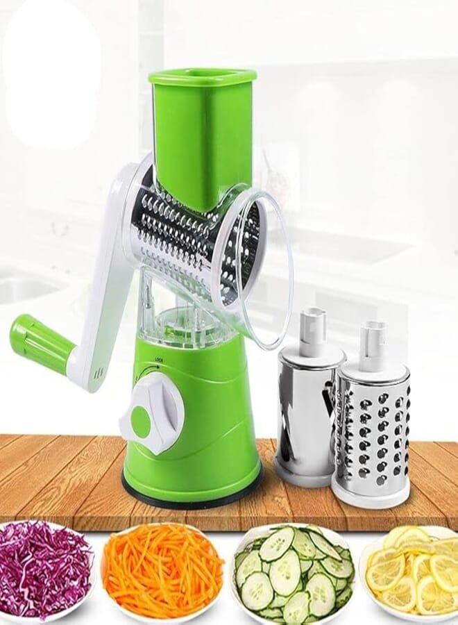 BORTONY Vegetable Chopper, Multi-Function Shredder Hand Roll Rotary Cutter Grated Cheese Tool with 3 Stainless Steel Rotary Blades for Grinding,Cutting Silk, Slicing (Green)