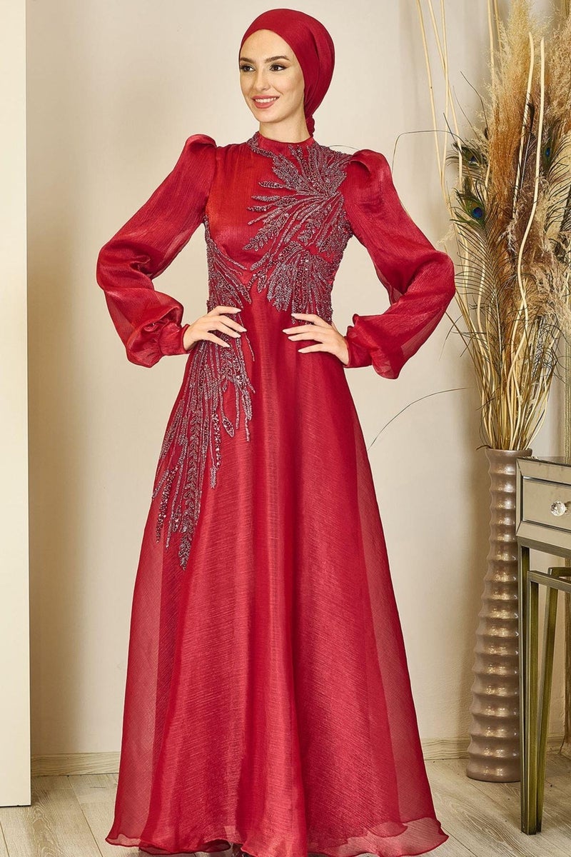 Esilanur Yağmur Hijab Evening Dress Claret Red  - Image 1