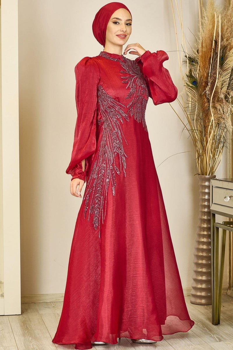 Esilanur Yağmur Hijab Evening Dress Claret Red  - Image 3