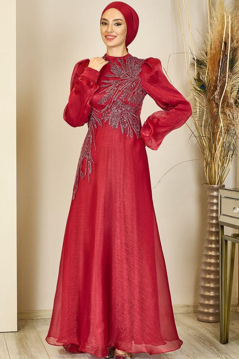 Esilanur Yağmur Hijab Evening Dress Claret Red  - Image 5