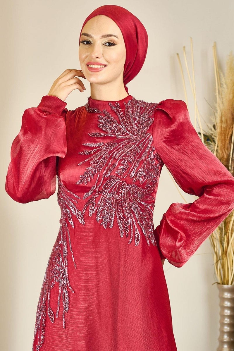 Esilanur Yağmur Hijab Evening Dress Claret Red  - Image 2