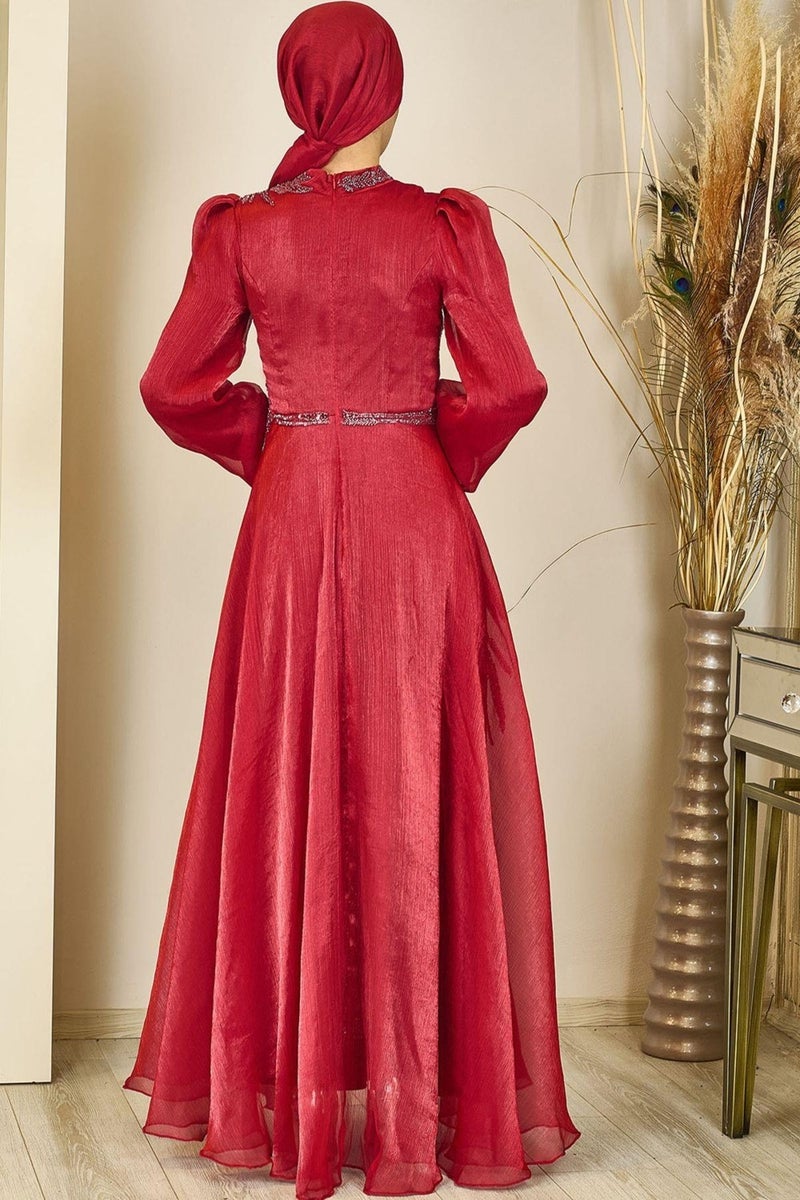 Esilanur Yağmur Hijab Evening Dress Claret Red  - Image 4