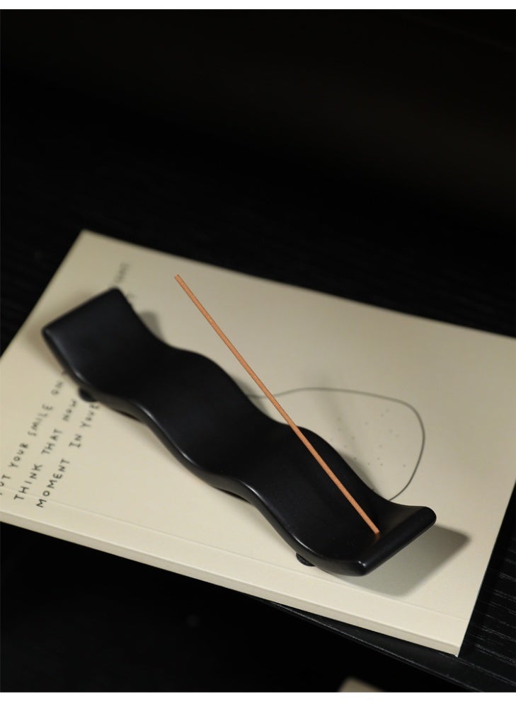 Wabi-Sabi Black Ceramic Incense Holder for Sticks, Modern Wave-Shaped Ash Catcher, 17cm Long, Zen Home Decor for Meditation, Yoga, and Arabic Oud Incense