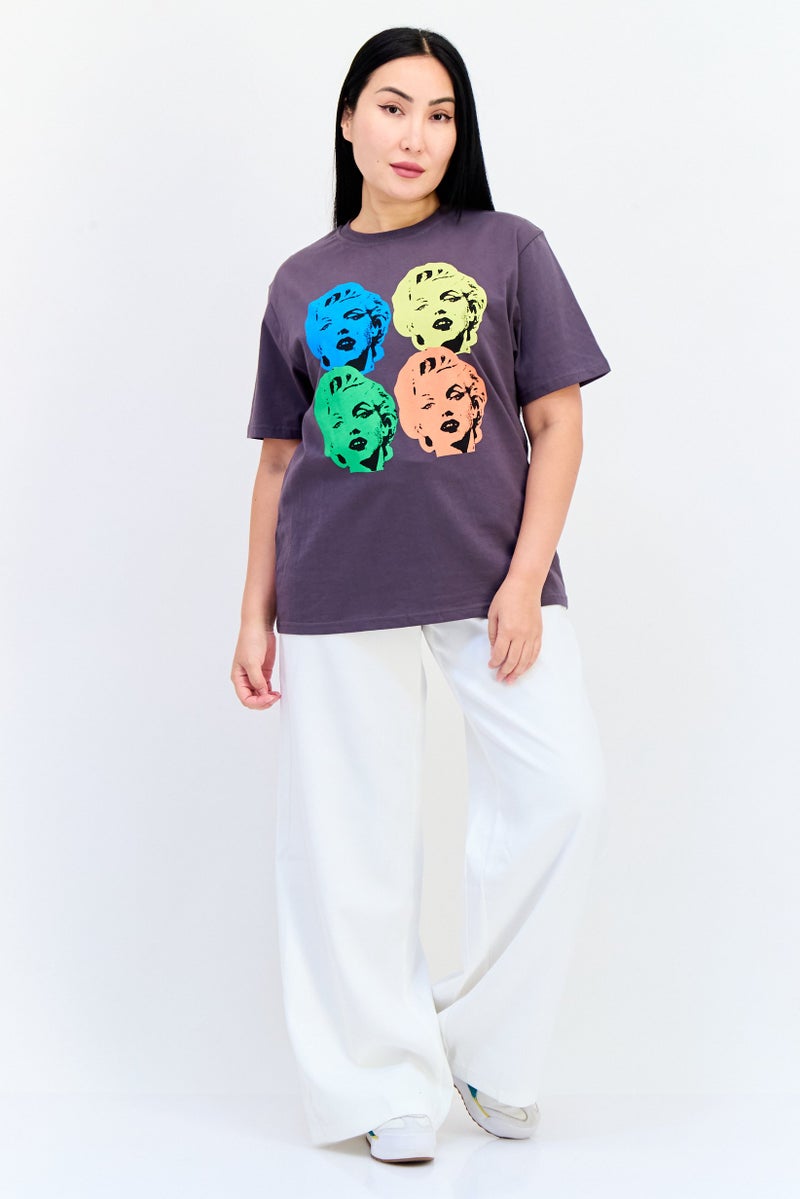 Marilyn Monroe Women Crew Neck Short Sleeves Graphic Print T-Shirt, Purple - Image 4