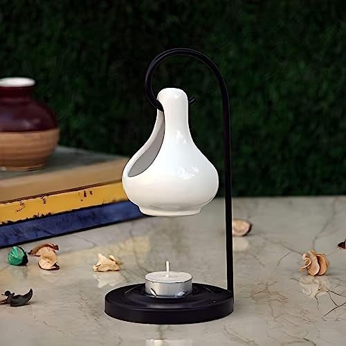 Breezy Aroma Metal & White Hanging Ceramic Tealight Candle Holder Oil Burner - Aroma Lamp - Aroma Diffuser (8 H x 4 W Inch ) - Image 1