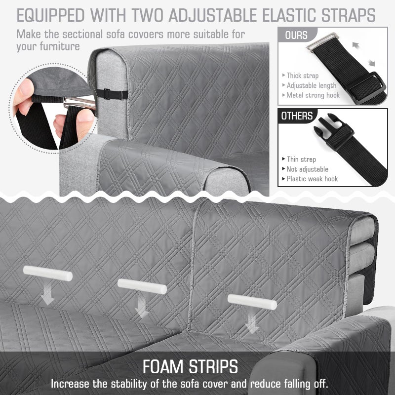 TAOCOCO Waterproof Sectional Couch Covers L Shaped Sofa Covers Chaise Lounge Cover 3pcs Reversible Sofa Covers for Sectional Sofa Pet Kids Furniture Protector with Elastic Straps(Large, Gray) - Image 5