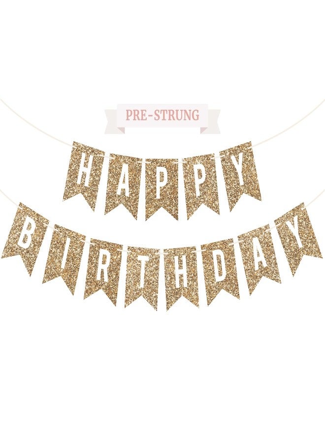 Perfect Occasion Pre-strung Happy Birthday Banner - No DIY - Gold Glitter Birthday Party Banner - Pre-strung Garland on 6 ft Strands - Gold Bday Party Decorations & Decor. Did We Mention No DIY - Image 1