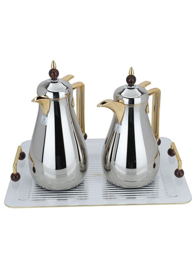 Alsaif Gallery Crystal Silver With Gold Acrylic Tray And Brown Ball Set Of 2 Thermoses  - Image 2