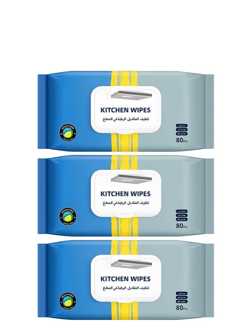 عبوة من 3 مناديل مطبخ برائحة الليمون، لتنظيف أسطح المطبخ والثلاجة والموقد والميكروويف، 240 منديل تنظيف متعدد الأغراض - Image 1