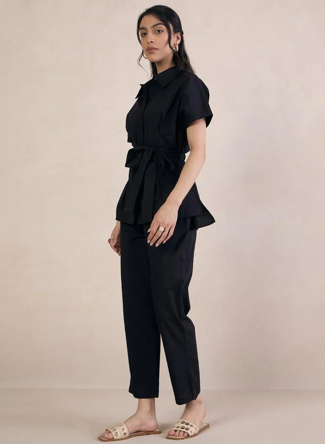 فيميلا قميص بوبلين سادة بحزام ربطة من ستايلي