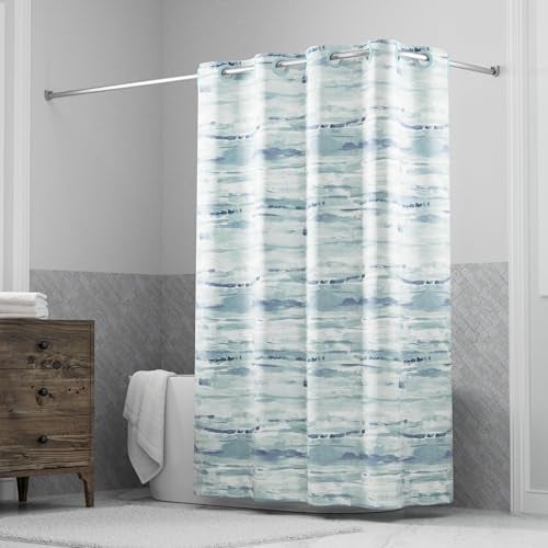 Hookless It's A Snap! Faux Silk Shower Curtain, 3-in-1 Curtain Includes Fabric Shower Curtain with Flex-On Rings & Fabric Liner with Magnets, 71" x 74", Watercolor Print, Blue - Image 1