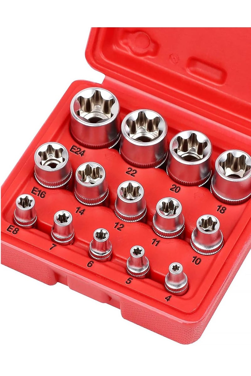 LOOPITYS 14 pieces of 1/4 inch E-type 3/8 external hexagonal plum blossom socket screwdriver, 1/2 large flying star type 6-ring flower socket tool set - Image 1