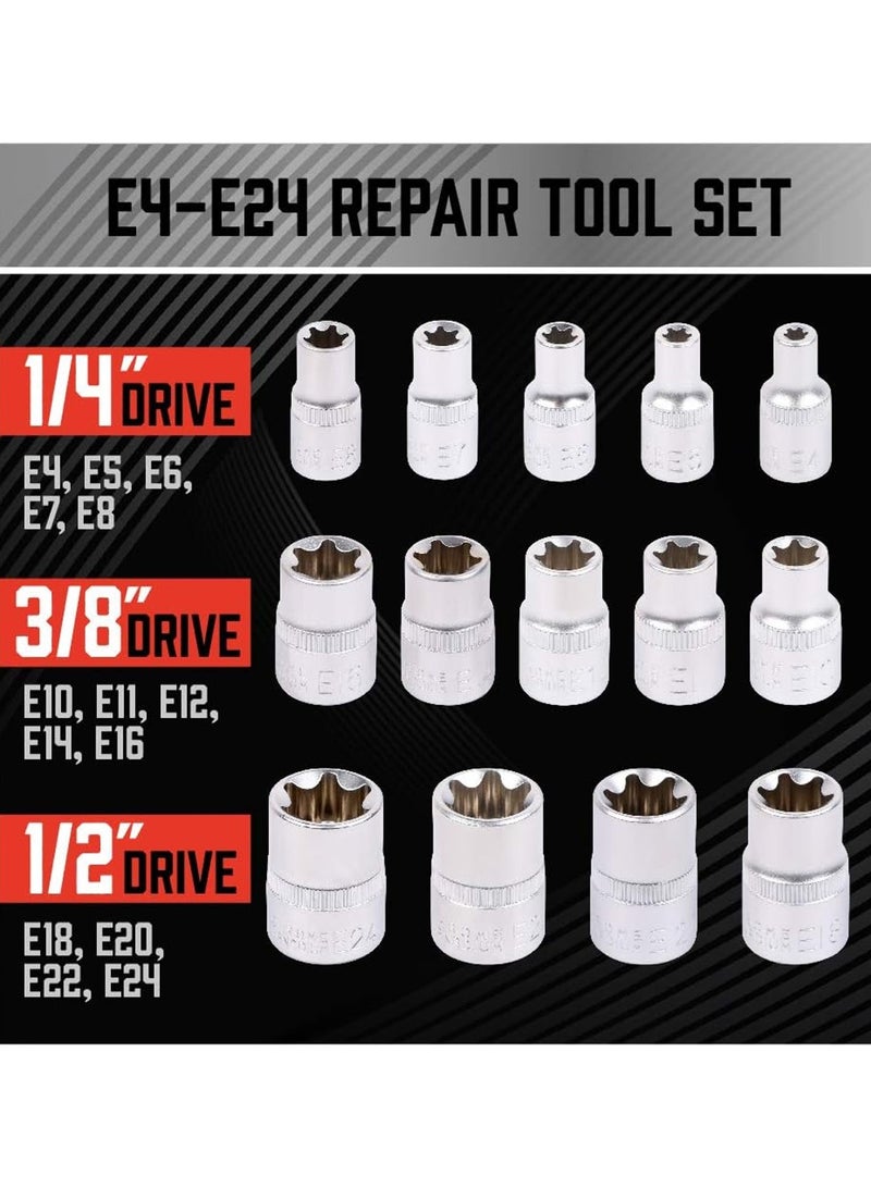 LOOPITYS 14 pieces of 1/4 inch E-type 3/8 external hexagonal plum blossom socket screwdriver, 1/2 large flying star type 6-ring flower socket tool set - Image 3