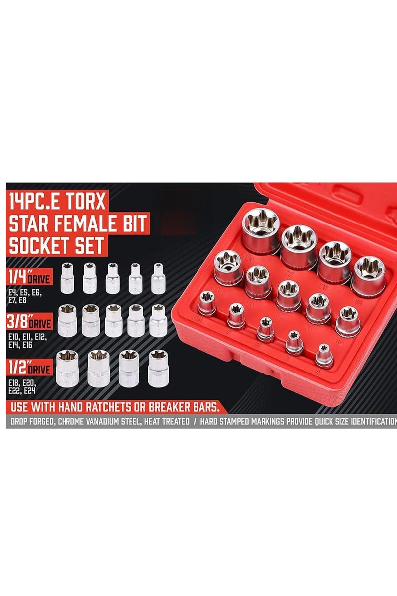 LOOPITYS 14 pieces of 1/4 inch E-type 3/8 external hexagonal plum blossom socket screwdriver, 1/2 large flying star type 6-ring flower socket tool set - Image 2