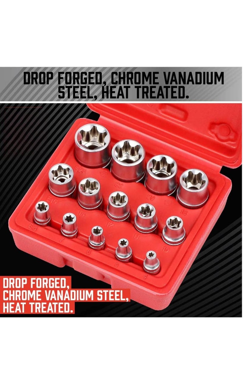 LOOPITYS 14 pieces of 1/4 inch E-type 3/8 external hexagonal plum blossom socket screwdriver, 1/2 large flying star type 6-ring flower socket tool set - Image 4