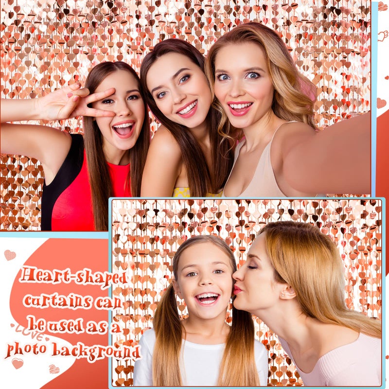 Lounsweer 4 Pcs Valentine Heart Foil Curtain Rose Gold Heart Chain Foil Fringe Metallic Tinsel Backdrop Hanging Bachelorette Decorations Tinsel Streamer for Wedding Birthday Bridal Shower - Image 5