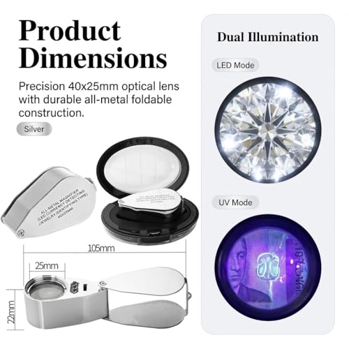 JEYUME 2 Pack 40X Metal Illuminated Jewelry Loop Magnifier, Magnifying Glass with LED Light Pocket Folding Jewelers Loupe for Currency Detecting Jewlers Identifying Type Lupe - Image 2