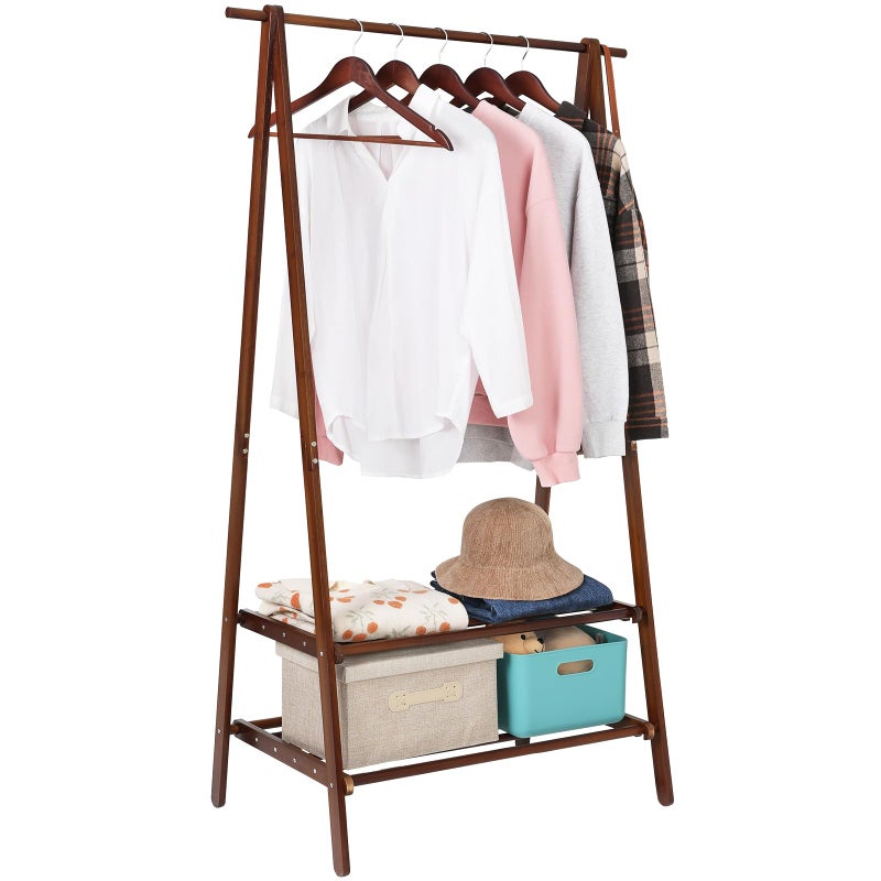 Jotsport Bamboo Clothing Rack Foldable Clothes Hanging Stand with 2 Tier Storage Shelf for Laundry, Guest Room, Apartment, Entryway - Image 1
