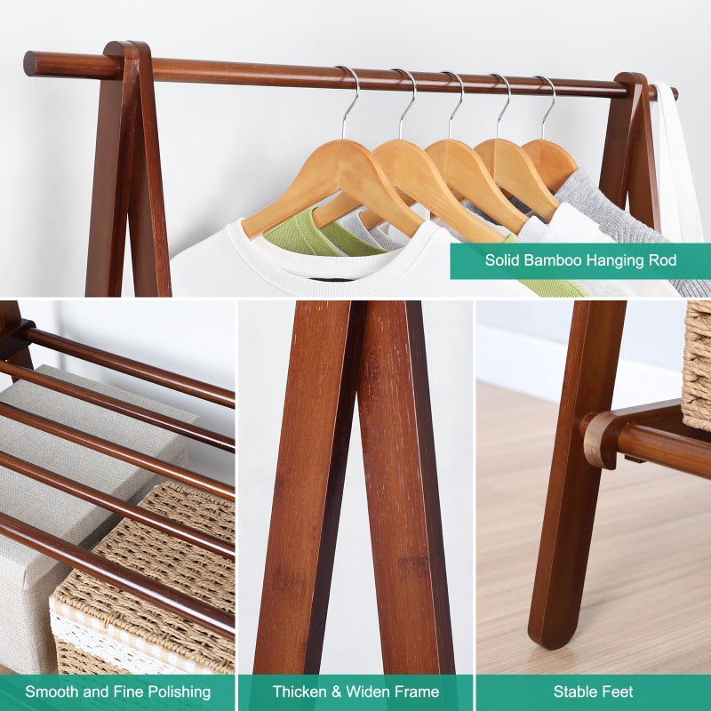 Jotsport Bamboo Clothing Rack Foldable Clothes Hanging Stand with 2 Tier Storage Shelf for Laundry, Guest Room, Apartment, Entryway - Image 5