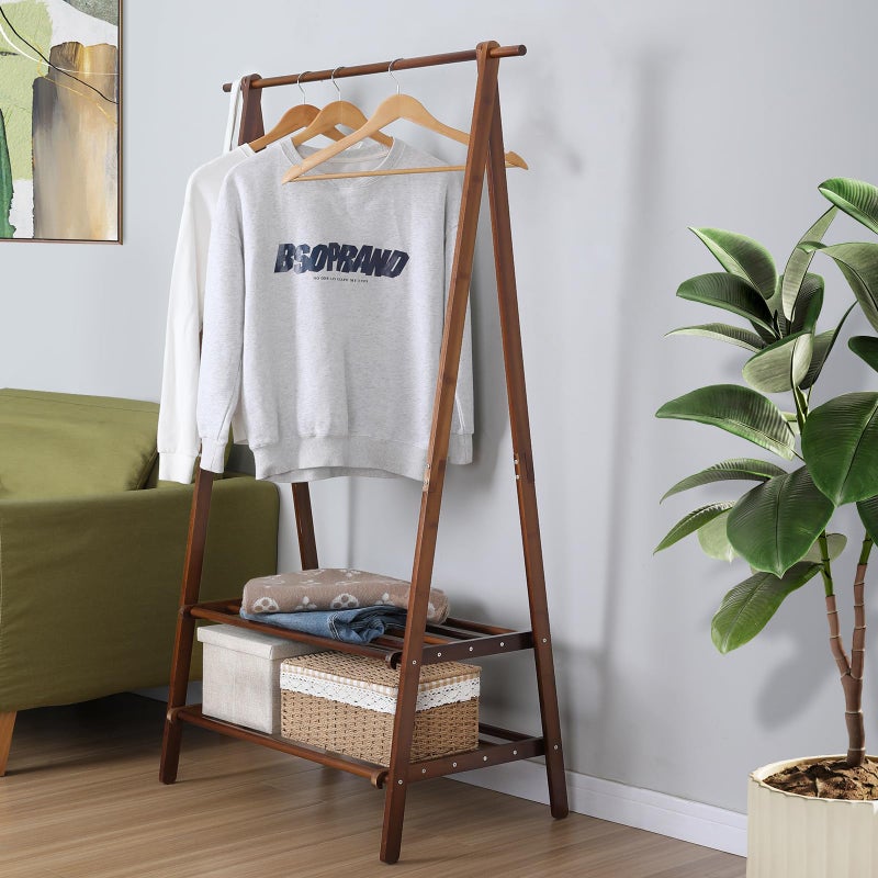 Jotsport Bamboo Clothing Rack Foldable Clothes Hanging Stand with 2 Tier Storage Shelf for Laundry, Guest Room, Apartment, Entryway - Image 3