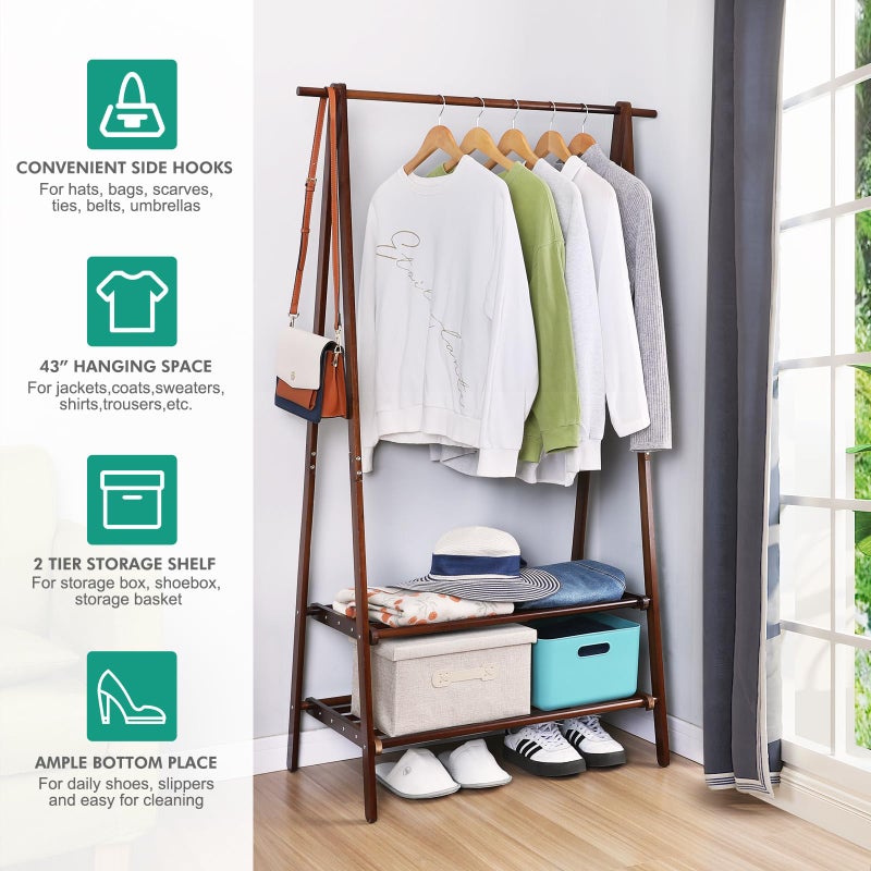 Jotsport Bamboo Clothing Rack Foldable Clothes Hanging Stand with 2 Tier Storage Shelf for Laundry, Guest Room, Apartment, Entryway - Image 2