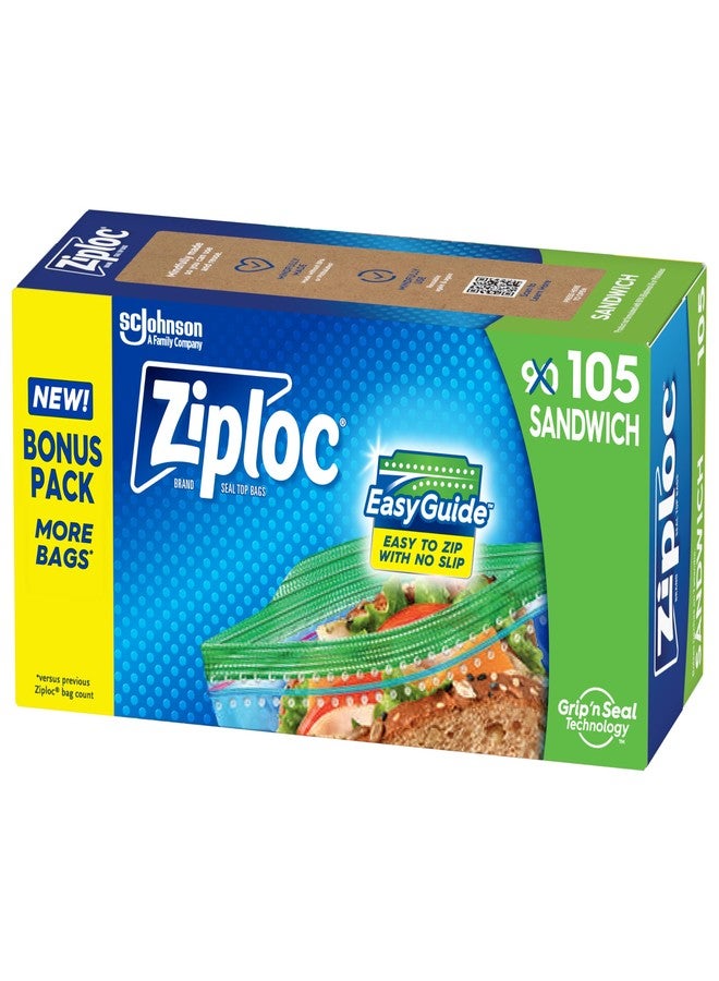 Ziploc Sandwich and Snack Bags with EasyGuide Texture, Plastic Storage Bags with Grip 'n Seal Technology, 105 Bags Total - Image 1