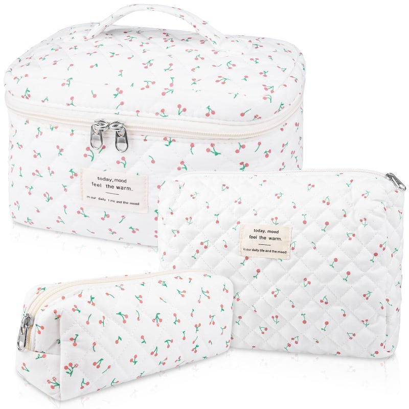 Gosect Large Makeup Bag Set Quilted Makeup Bag Floral Cosmetic Bag for Women Cute Cotton Makeup Bags Flower Travel Toiletry Organizer Bag white - Image 2