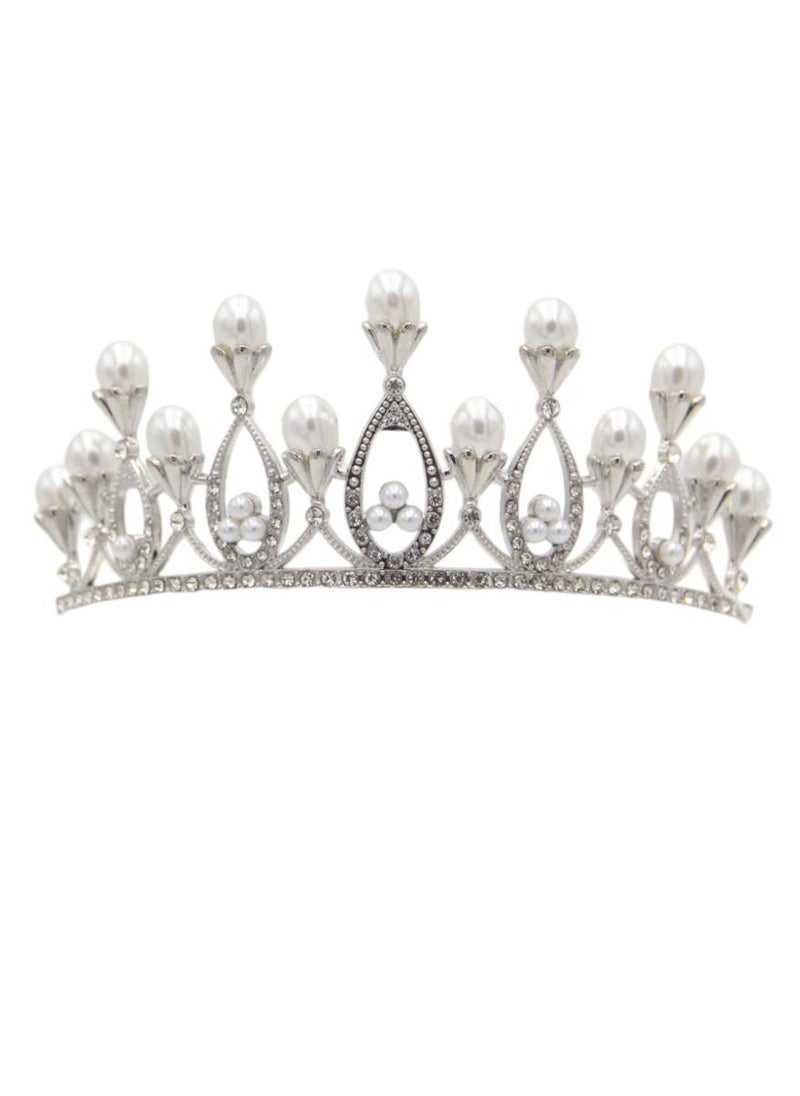 D'Daniela - Princess Faux Pearl Crown Tiara Silver - Image 1