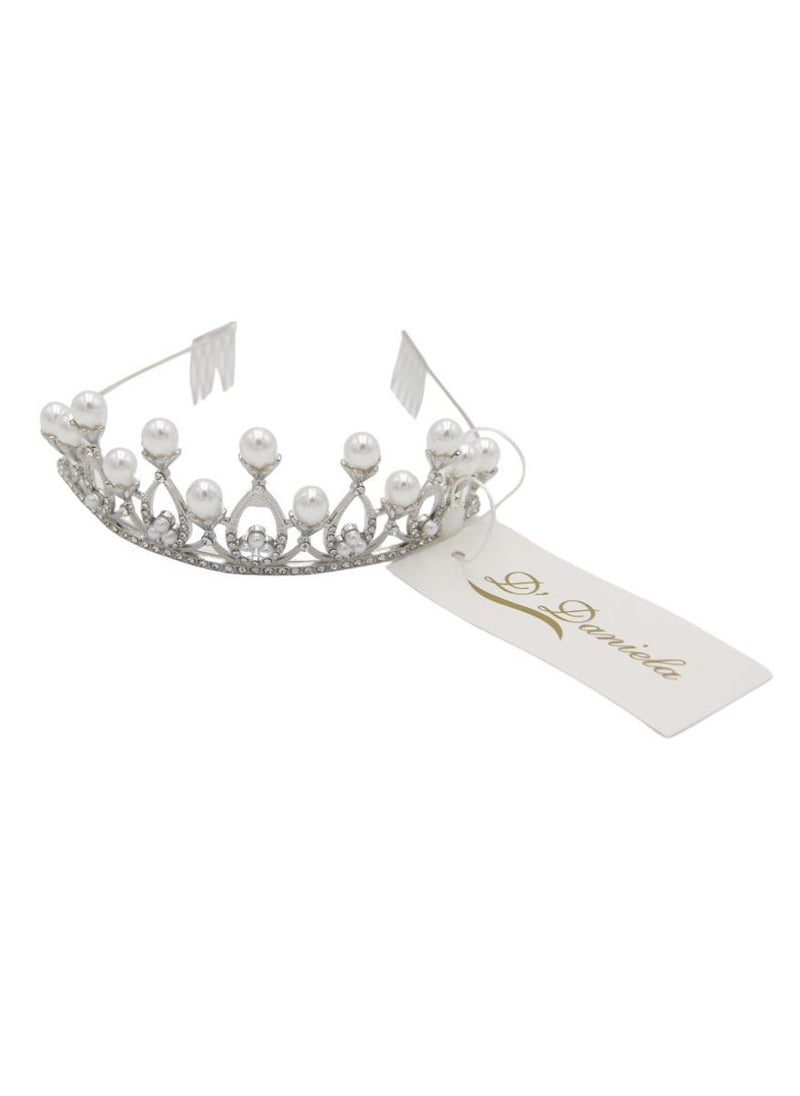 D'Daniela - Princess Faux Pearl Crown Tiara Silver - Image 1