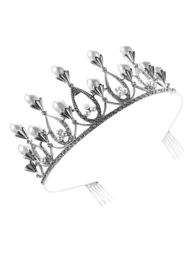 D'Daniela - Princess Faux Pearl Crown Tiara Silver - Image 1