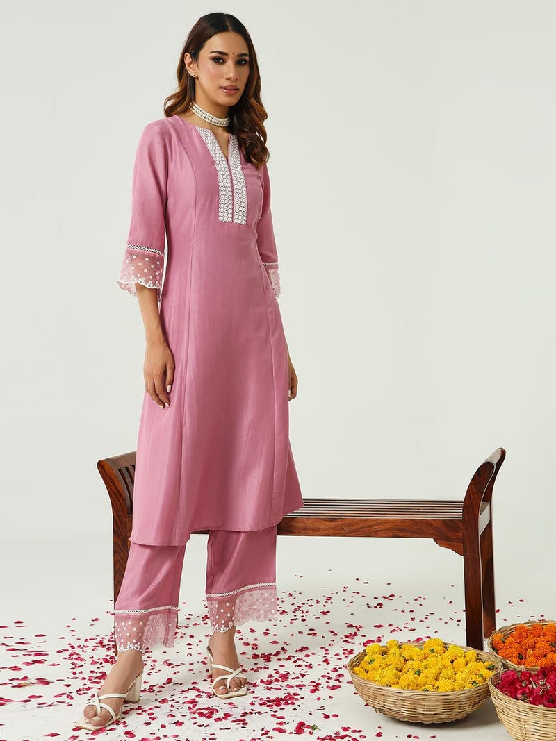 FIORRA Women's Pink Silk Blend Flared Kurta & Palazzo With Dupatta - Image 2