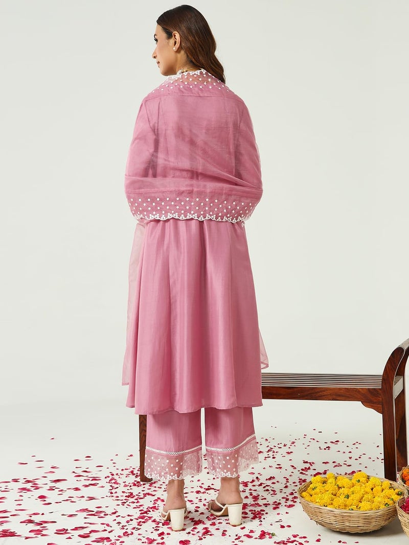 FIORRA Women's Pink Silk Blend Flared Kurta & Palazzo With Dupatta - Image 3