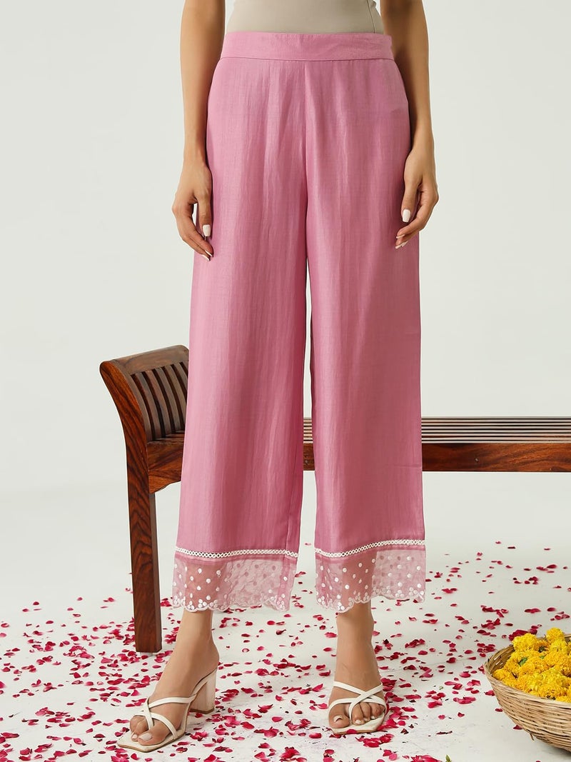 FIORRA Women's Pink Silk Blend Flared Kurta & Palazzo With Dupatta - Image 5