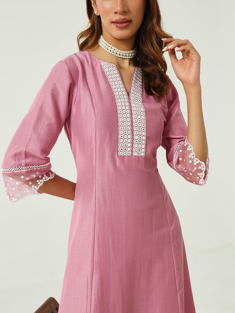 FIORRA Women's Pink Silk Blend Flared Kurta & Palazzo With Dupatta - Image 4