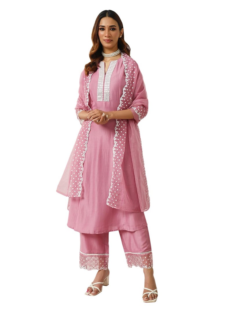 FIORRA Women's Pink Silk Blend Flared Kurta & Palazzo With Dupatta - Image 1