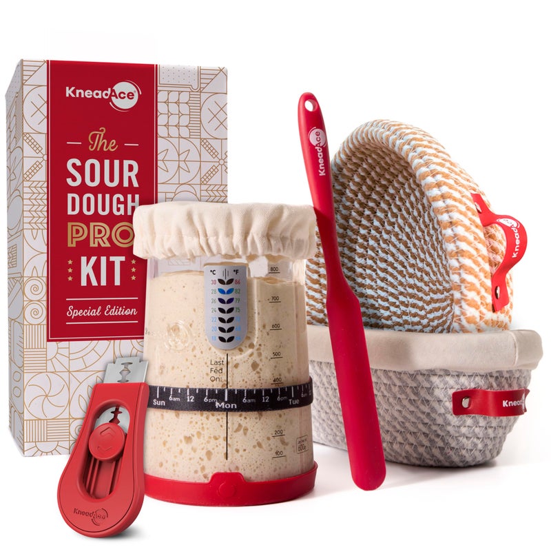 KneadAce Sourdough Starter Kit â€“ 34oz Starter Jar, 2 Cotton Rope Banneton Proofing Baskets, Magnetic Bread Lame for Scoring â€“ Gift for Bakers & Complete Sourdough Bread Baking Set - Image 1