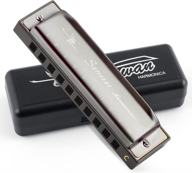 SWAN Blues Harmonica C Key for Kids& Adults, 10 Hole 20 Tone Diatonic Harmonica Key of C Blues Harp for Beginners& Students, Mouth Organ in Stainless Steel Gunmetal Black, SW1020-7C - Image 1