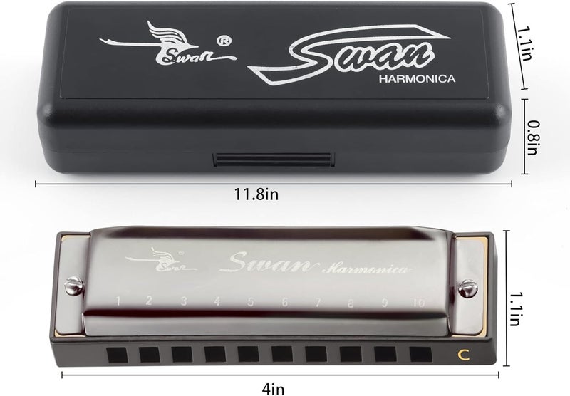 SWAN Blues Harmonica C Key for Kids& Adults, 10 Hole 20 Tone Diatonic Harmonica Key of C Blues Harp for Beginners& Students, Mouth Organ in Stainless Steel Gunmetal Black, SW1020-7C - Image 2