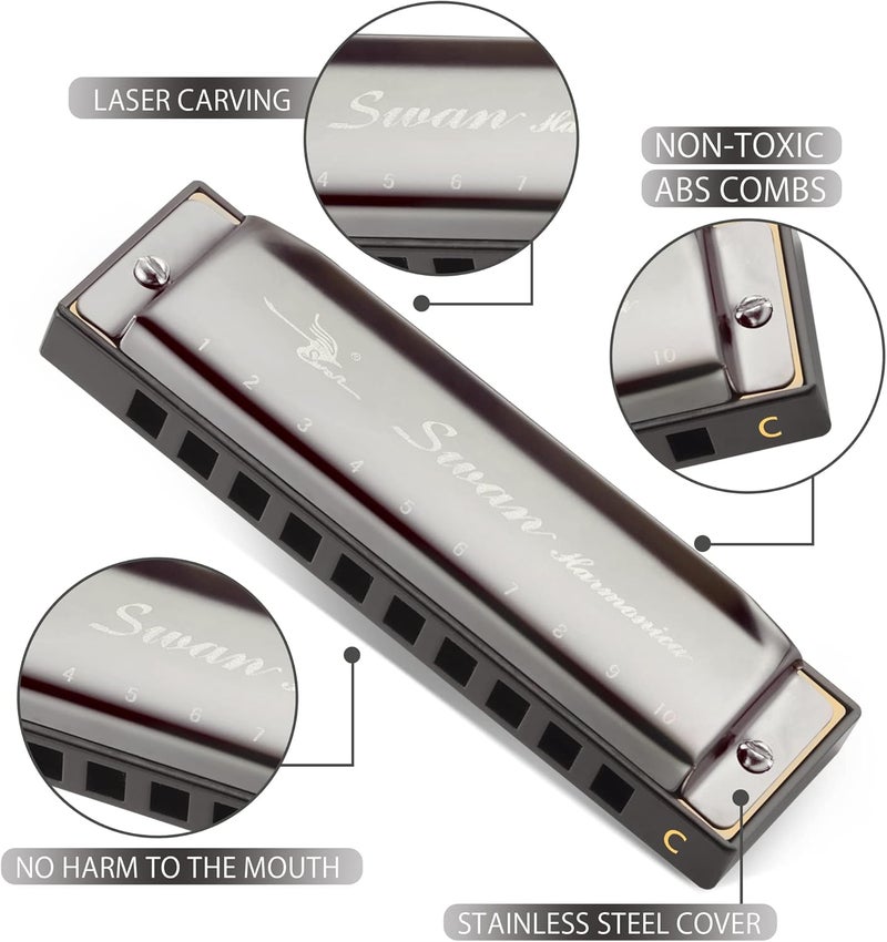 SWAN Blues Harmonica C Key for Kids& Adults, 10 Hole 20 Tone Diatonic Harmonica Key of C Blues Harp for Beginners& Students, Mouth Organ in Stainless Steel Gunmetal Black, SW1020-7C - Image 3