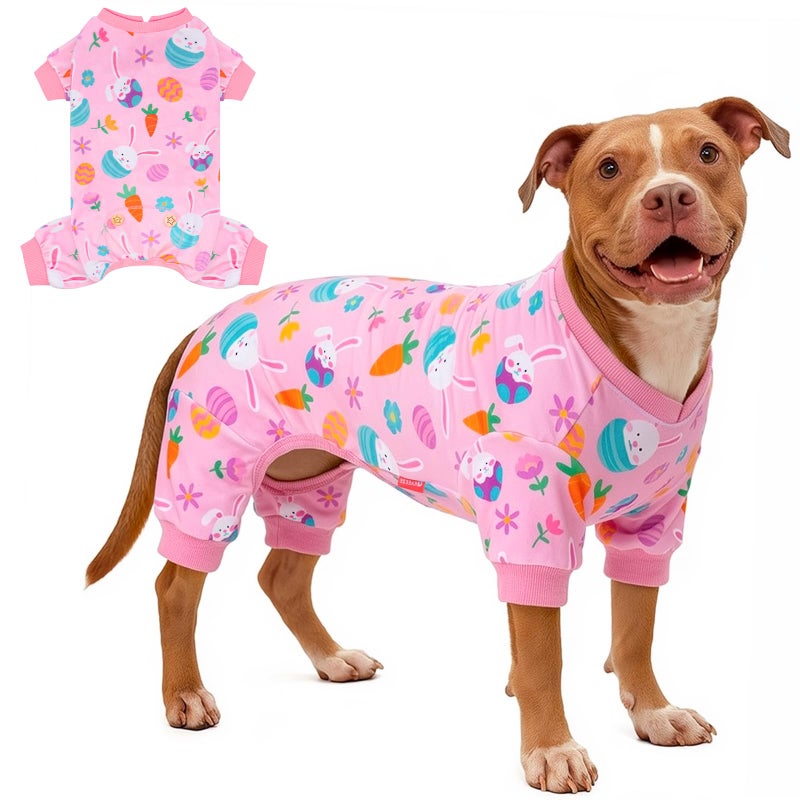 KYEESE Easter Dog Pajamas Soft Dog Pajamas for Medium Large Dogs Girl Stretchy Dogs Pjs Velvet Pet Jumpsuit with Eggs Bunny Pattern Comfy Lightweight Pet Outfit Pink 2XL - Image 2