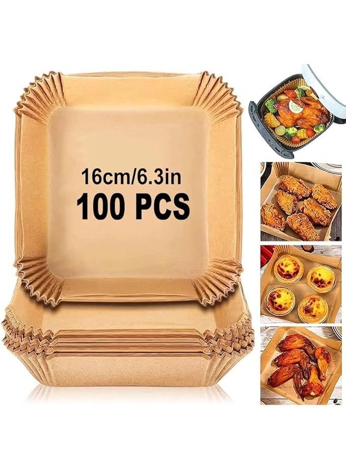 بروماس 100 قطعة من بطانات ورقية للاستخدام مرة واحدة لمقلاة الهواء، ورق زبدة غير لاصق ومقاوم للزيت لأفران الميكروويف والغاز، ورق خبز مربع مقاوم للماء ومناسب للأغذية لمقلاة الهواء، 16 سم/6.3 بوصة، بني - Image 1