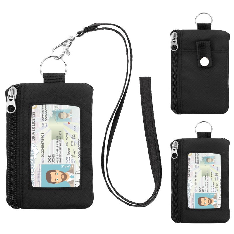 ZHOMA Minimalist RFID Wallet with Lanyard, Multi-Functional ID Case with 2 Zipper Pockets and Key Chain for Men and Women, Tactical Badge Pouch Cards Holder, Coin Purse for Travel Sports-Black - Image 1