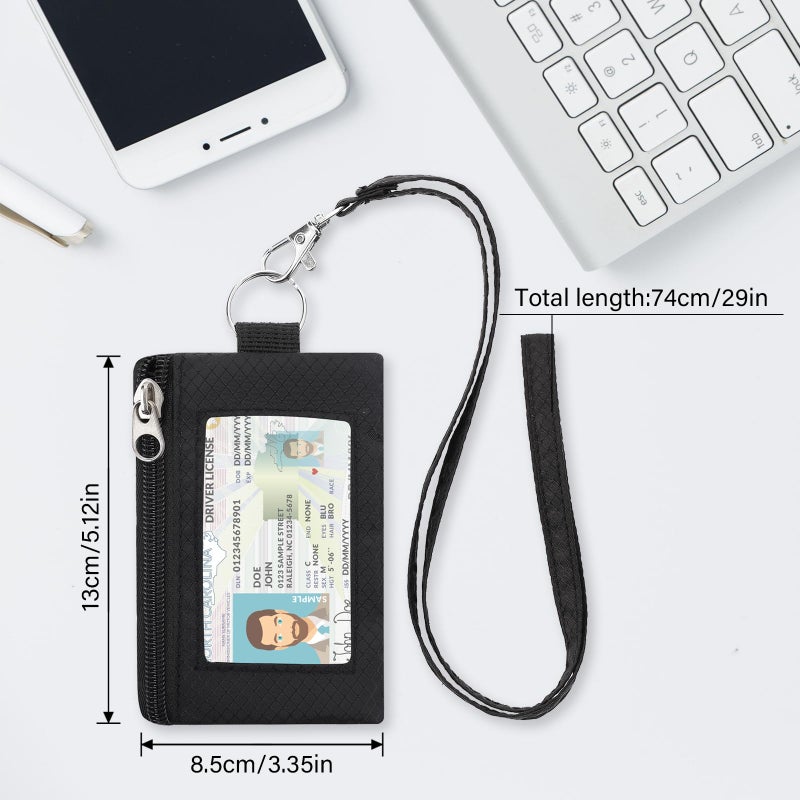 ZHOMA Minimalist RFID Wallet with Lanyard, Multi-Functional ID Case with 2 Zipper Pockets and Key Chain for Men and Women, Tactical Badge Pouch Cards Holder, Coin Purse for Travel Sports-Black - Image 3