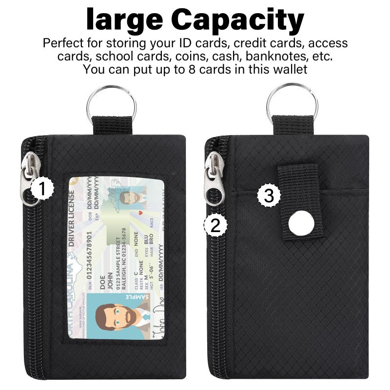 ZHOMA Minimalist RFID Wallet with Lanyard, Multi-Functional ID Case with 2 Zipper Pockets and Key Chain for Men and Women, Tactical Badge Pouch Cards Holder, Coin Purse for Travel Sports-Black - Image 2