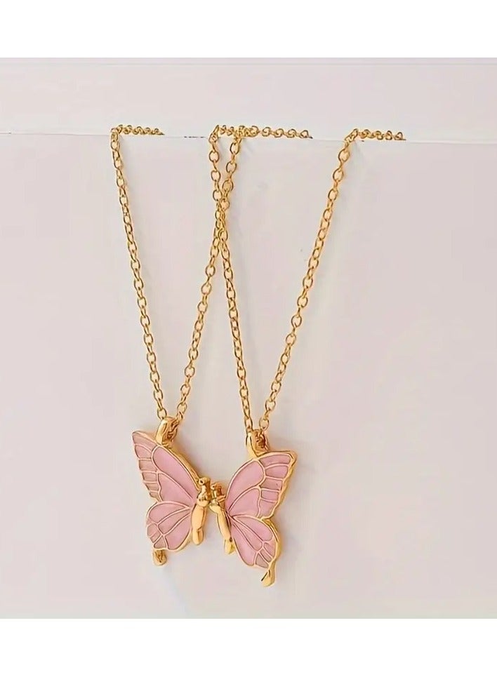 Goolsky قلادة على شكل فراشة باللون الوردي - سلسلة عنق قابلة للتعديل من سبيكة الزنك للم couples، تصميم فراشة وردية متطابقة، ملابس يومية للأزواج/هدية رومانسية - Image 4