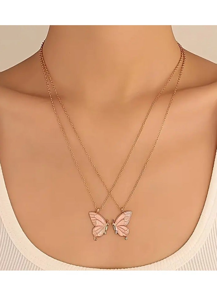 Goolsky قلادة على شكل فراشة باللون الوردي - سلسلة عنق قابلة للتعديل من سبيكة الزنك للم couples، تصميم فراشة وردية متطابقة، ملابس يومية للأزواج/هدية رومانسية - Image 3