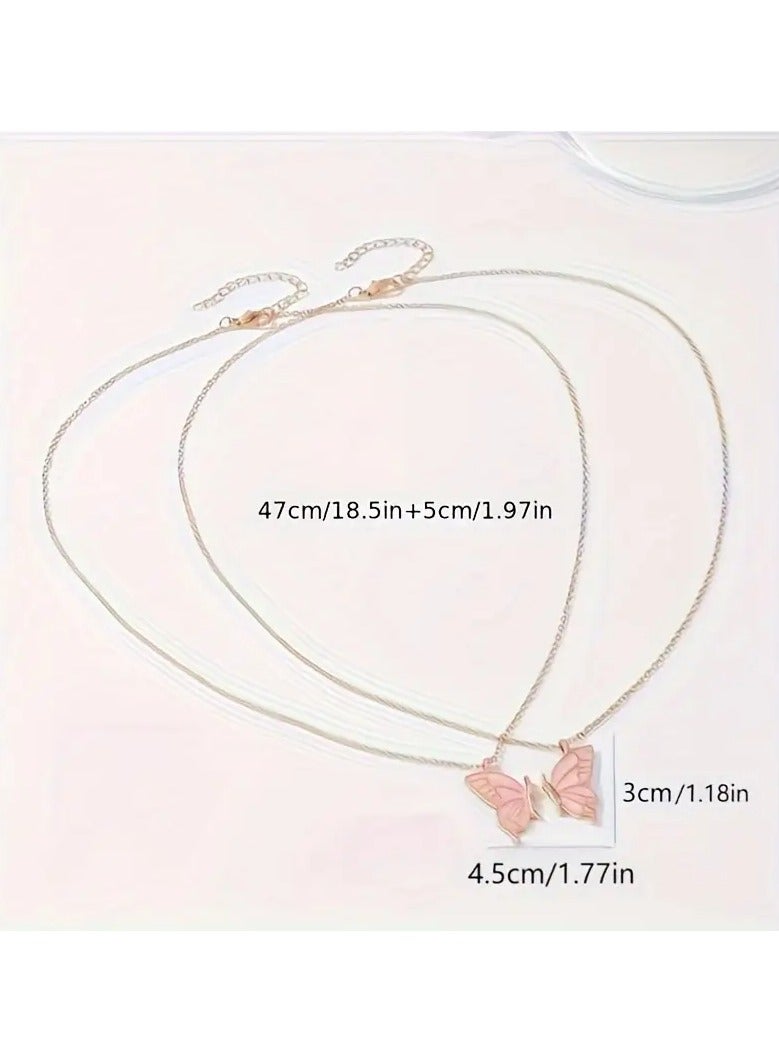 Goolsky قلادة على شكل فراشة باللون الوردي - سلسلة عنق قابلة للتعديل من سبيكة الزنك للم couples، تصميم فراشة وردية متطابقة، ملابس يومية للأزواج/هدية رومانسية - Image 2