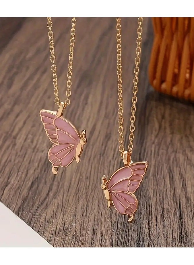 Goolsky قلادة على شكل فراشة باللون الوردي - سلسلة عنق قابلة للتعديل من سبيكة الزنك للم couples، تصميم فراشة وردية متطابقة، ملابس يومية للأزواج/هدية رومانسية - Image 1