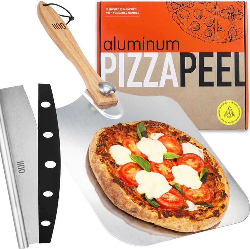 OUII Pizza Peel with Cutter - 12 x 14-inch Metal Turning Peel, 14'' Pizza Cutter with Blade Cover - Premium Pizza Spatula Paddle, Pizza Oven Accessories Compatible with Ooni, Blackstone, Gozney - Image 1