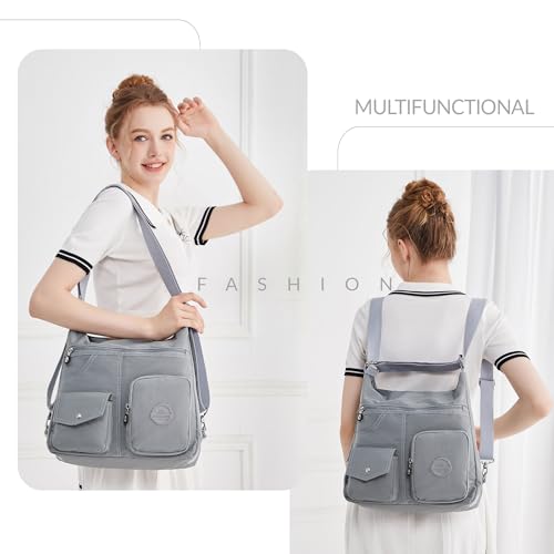 Dora & Liz Multipurpose Hobo Purse for Women with Antitheft RFID, Waterproof Nylon Crossbody Bag Shoulder Handbag, Convertible Backpack (Grey) - Image 2
